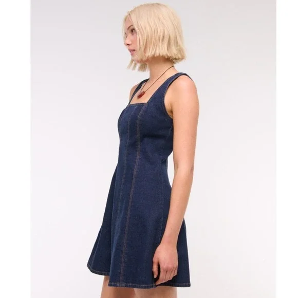 Abercrombie & Fitch Mila Dark Wash Denim Square Neck Mini Dress Size XL Tall - Picture 4 of 14